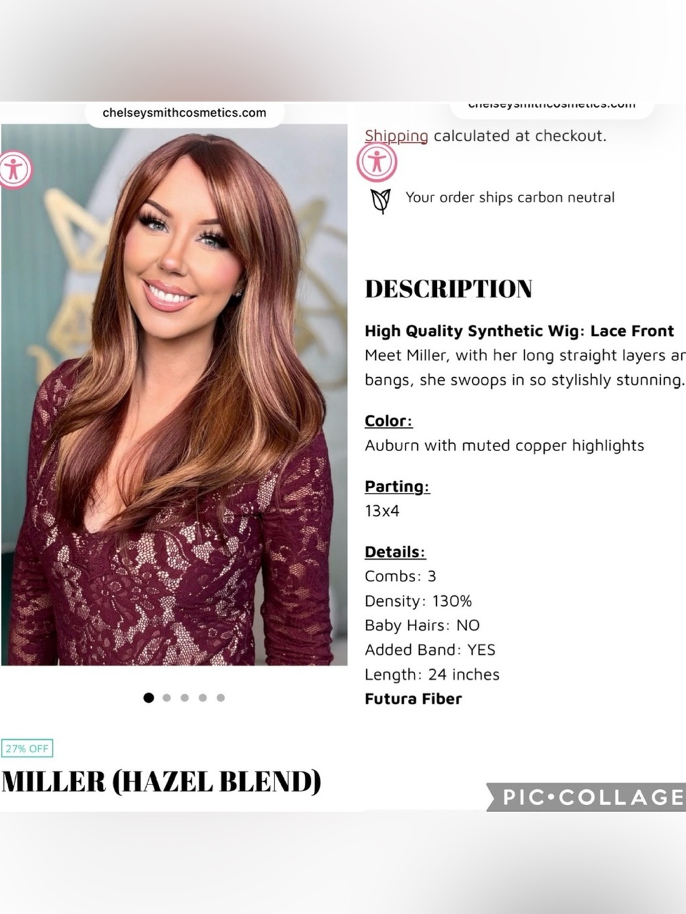 CSC Miller Hazel Blend STD Synthetic Wig in Auburn Copper Highlights and Bangs